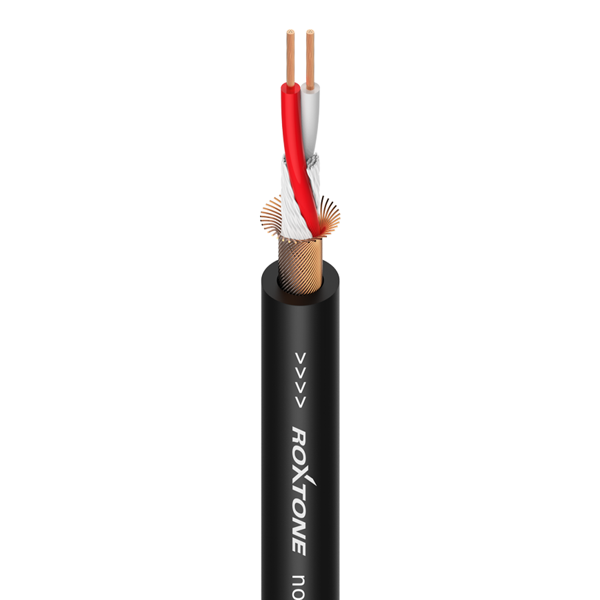 Roxtone MC230/100 Black симметричный микрофонный кабель из бескислородной меди на картонной катушке катушке(100м), 95% экранирование (Спираль из медной проволоки: 80x0,10мм) D 6.3мм, AWG: 22. Цвет: Черный. Температурный режим эксплуатации: -20/+70