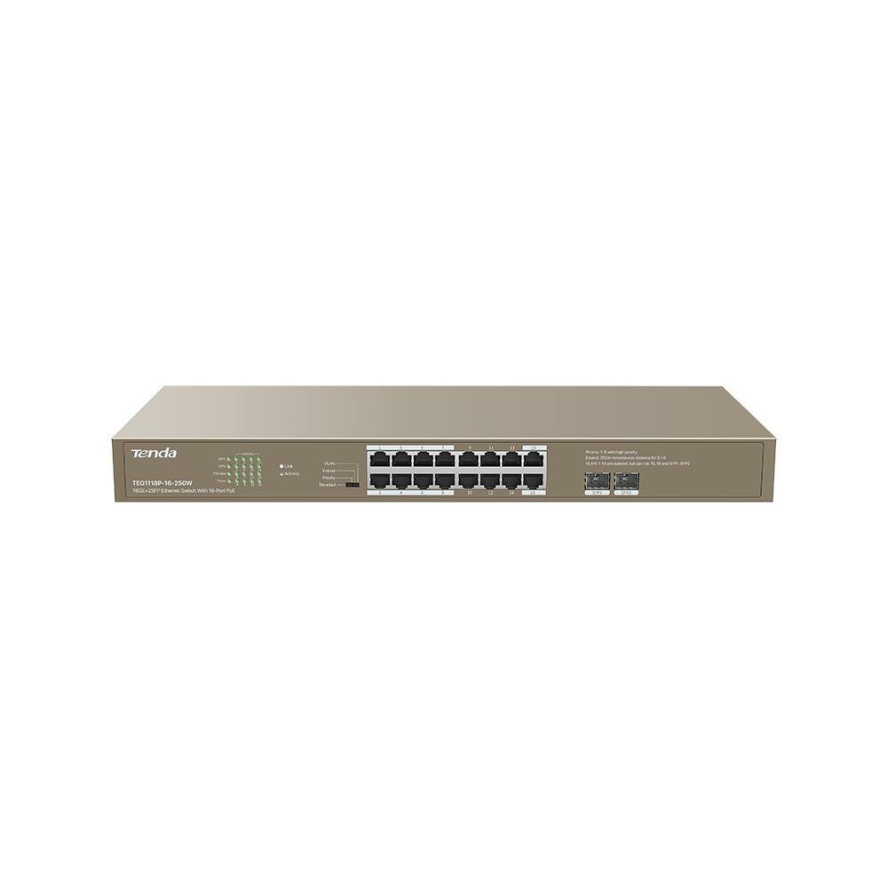 Tenda Сетевой коммутатор TENDA Tenda TEG1118P-16-250W Type L2 Настольное исполнение Стойка 2xSFP PoE порты 16 230 Вт TEG1118P-16-250W