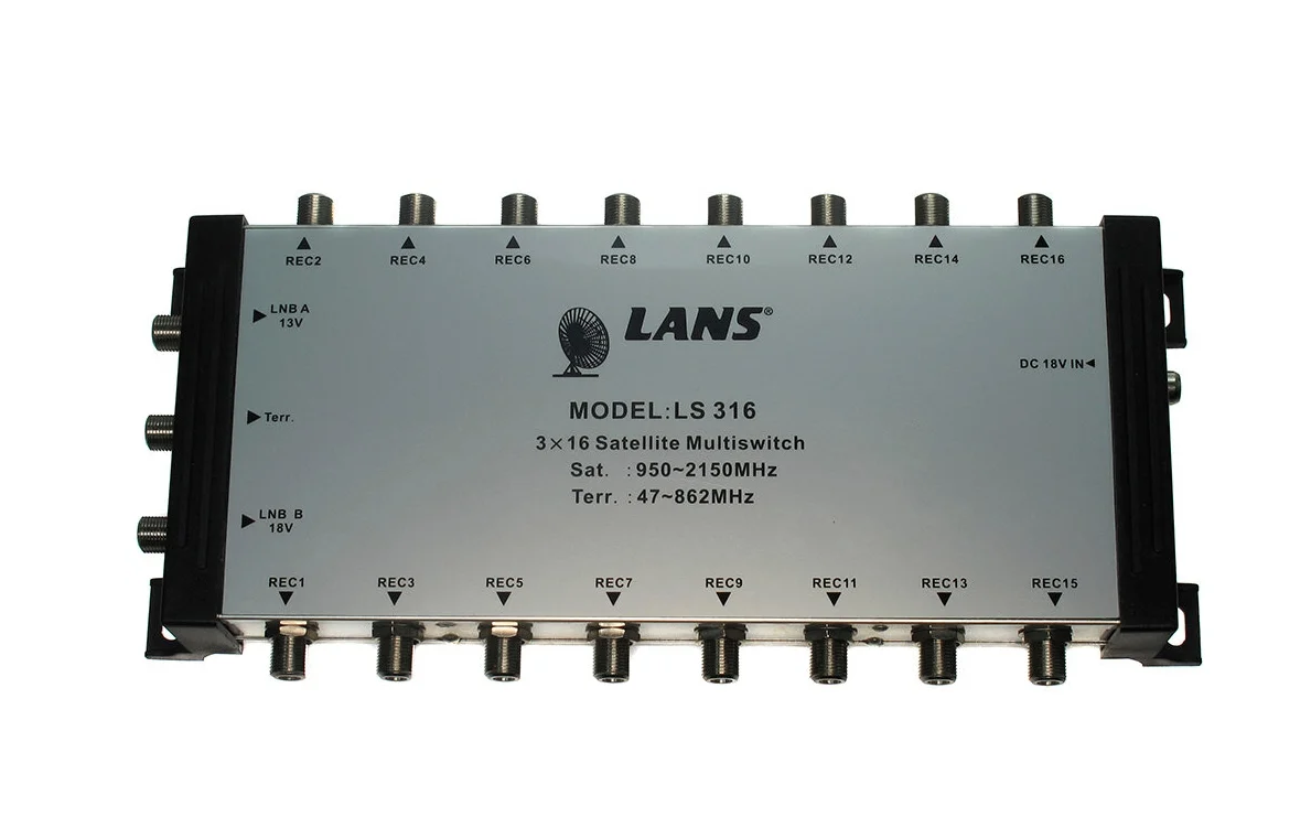 Мультисвич LANS LS 316 3 входа (2 SAT + 1 TV), 16 выходов, активный, с внешним блоком питания