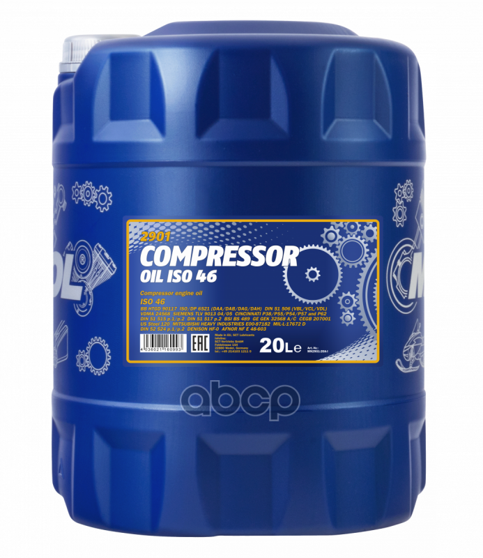 2901-20 Mannol Compressor Oil Iso 46 20 Л. Минеральное Масло Для Воздушных Компрессоров Din 51506 Vbl/ Vcl/ Vdl; Din Vdl 515...