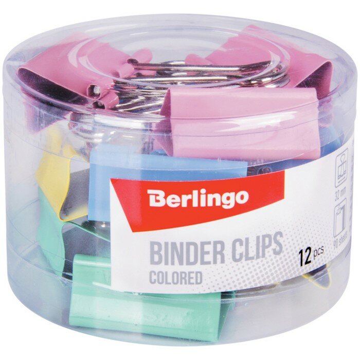 Berlingo Набор зажимов для бумаг 32мм, 12 штук Berlingo, цветные, в пластиковом тубусе