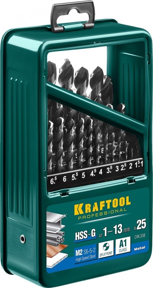 фото KRAFTOOL HSS-G 25шт(1-13мм), Набор сверл по металлу HSS-G, сталь М2(S6-5-2)