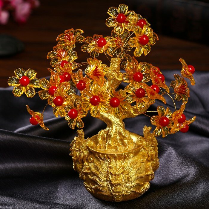 Сувенир бонсай "Цветочное денежное дерево в мешке с драконами" 35 цветов 18х18х7,5 см - фотография № 3