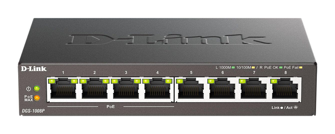 Неуправляемый PoE-коммутатор D-Link DGS-1008P/F1A, 8x1000Base-T (PoE-бюджет 60 Вт)