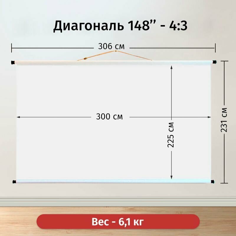 Экран для проектора Лама 300x225 формат 4:3 настенно-потолочный ручной цвет белый 148 дюймов