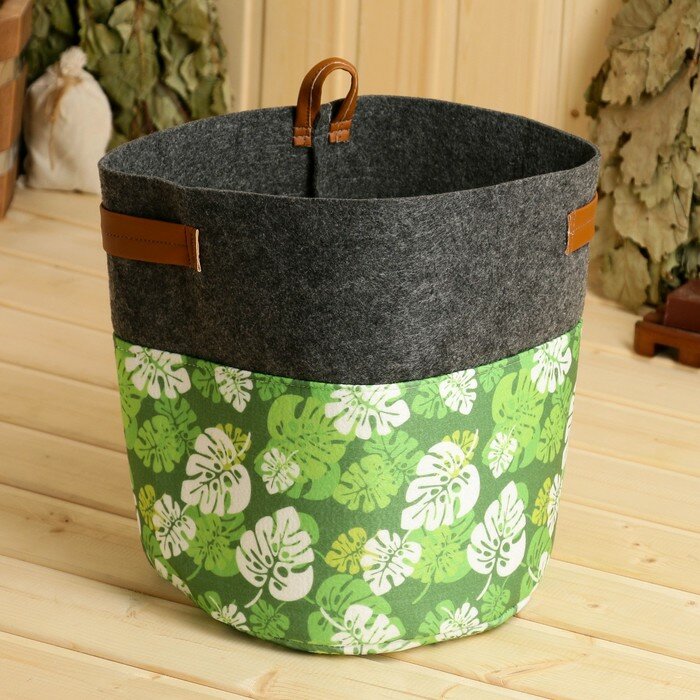 фото Органайзер для хранения с боковыми ручками, принт зеленые листья, серый, 28х28х26 см