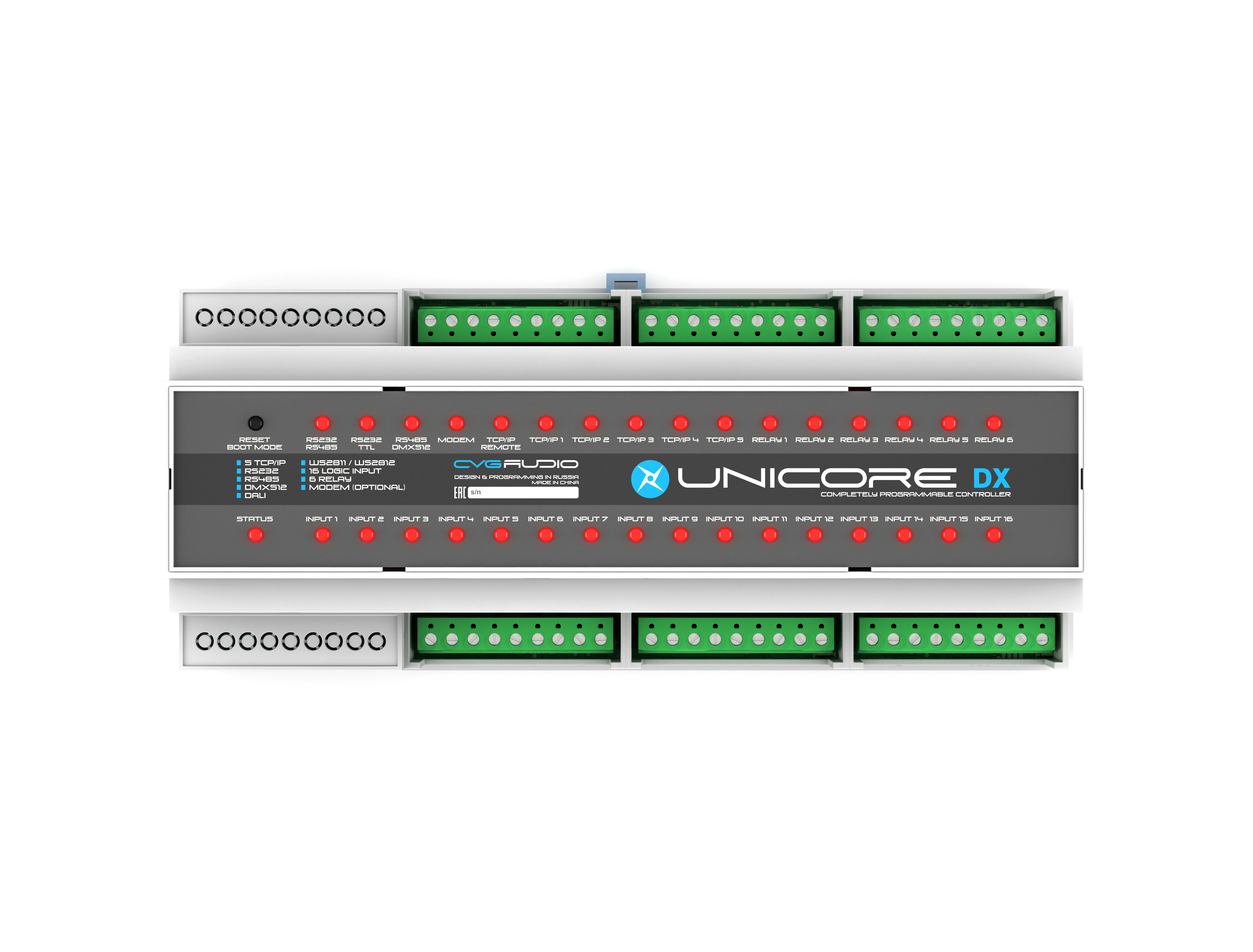 CVGAUDIO UNICORE DX - Контроллер комплексного управления, 2xRS232, RS485, 16xLogic input, 6 реле, DMX512, DALI, 6xTCP/IP соединений, корпус на DIN рейку - фотография № 6