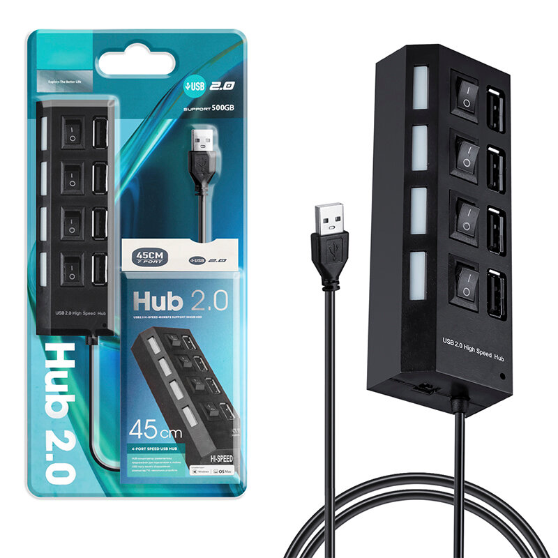 USB Hub на 4 Usb с выключателем черный