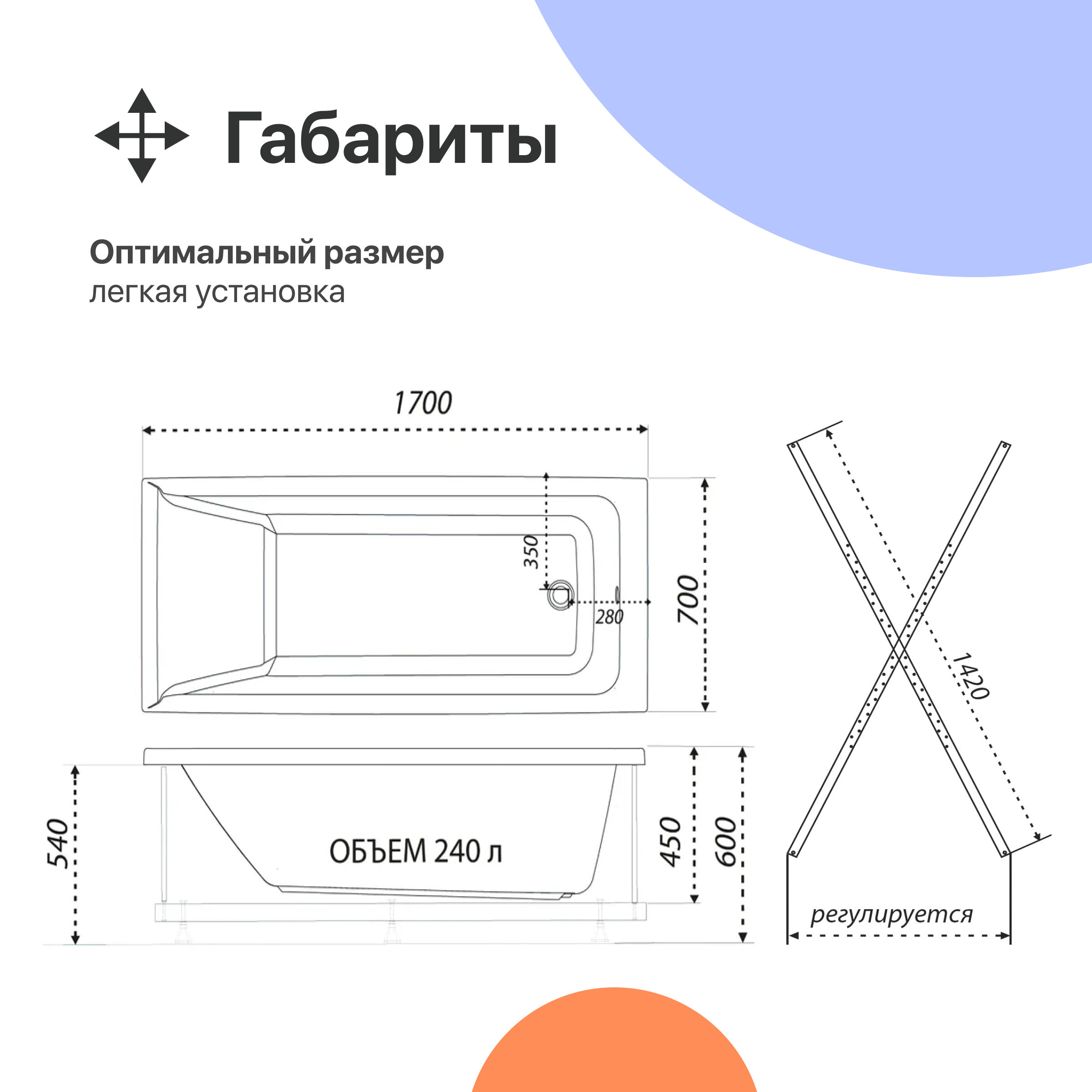 Акриловая ванна DIWO Переславль 170x70 прямоугольная, пристенная, без гидромассажа, с каркасом - фотография № 6
