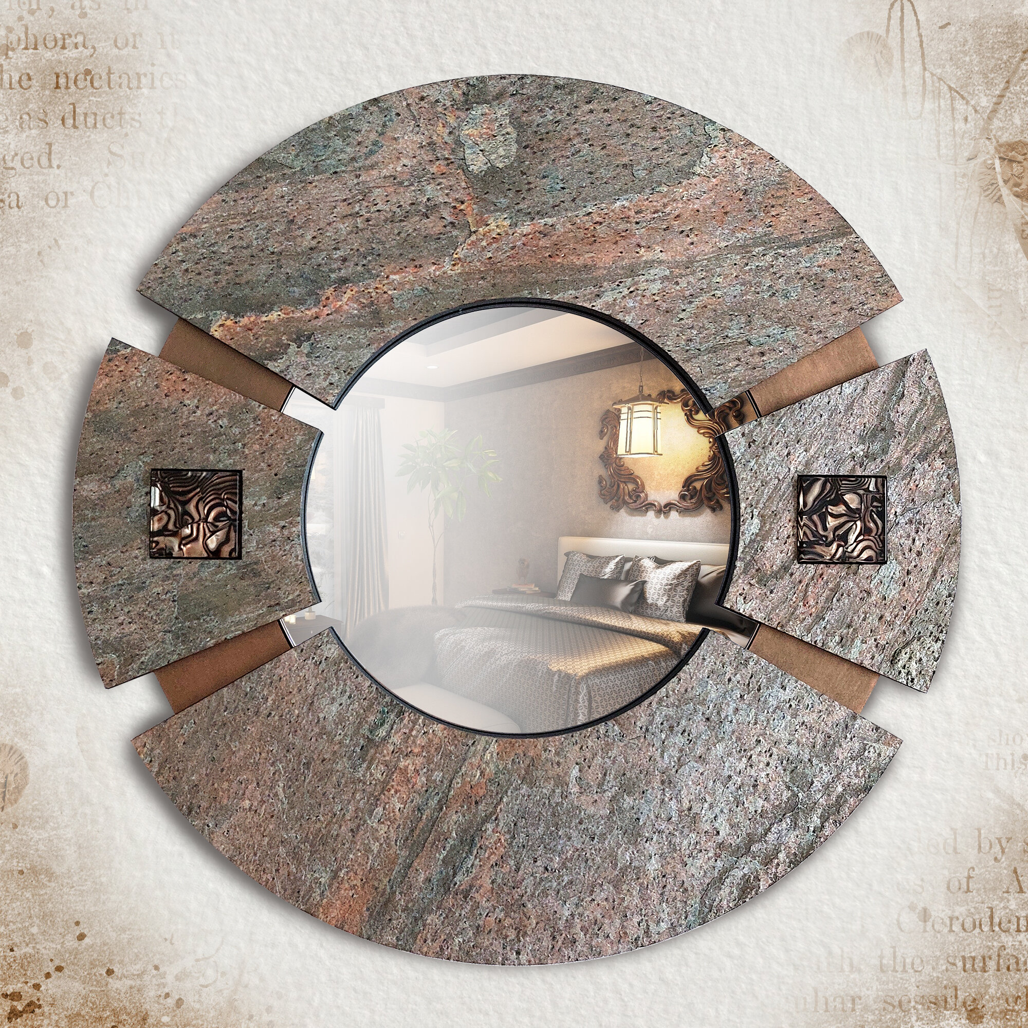 Круглое зеркало интерьерное настенное в раме из натурального камня серебристого с коралловыми прожилками. Дизайнерское зеркало настенное диаметр 50см. - фотография № 2