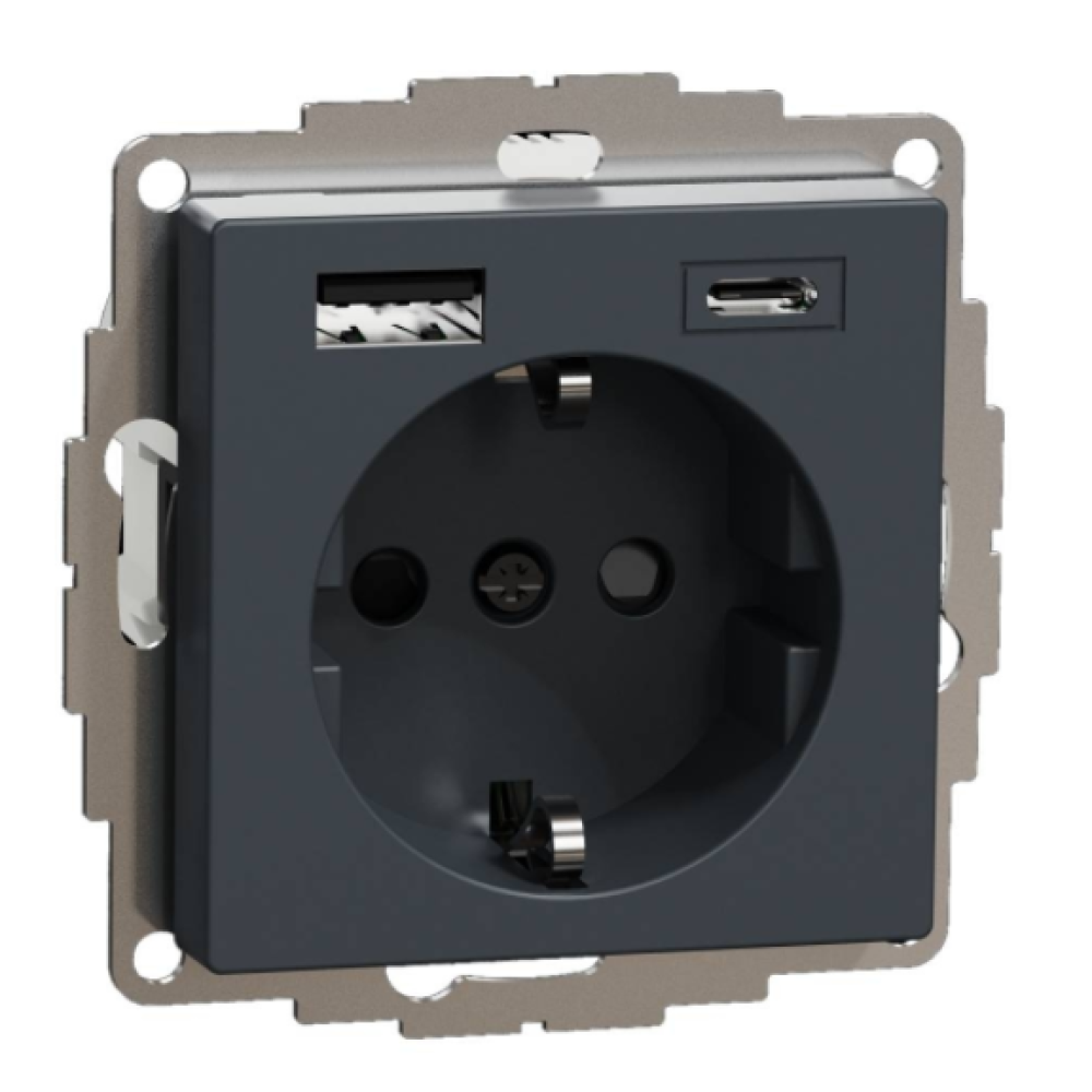 Розетка силовая 16А с 2 USB A+С, 3 A, Merten System M Schneider Electric антрацит MTN2367-0414