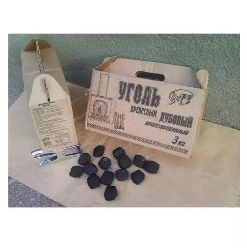 Уголь дубовый брикетированный 3кг в гофро-коробке «Чемодан» с перчатками