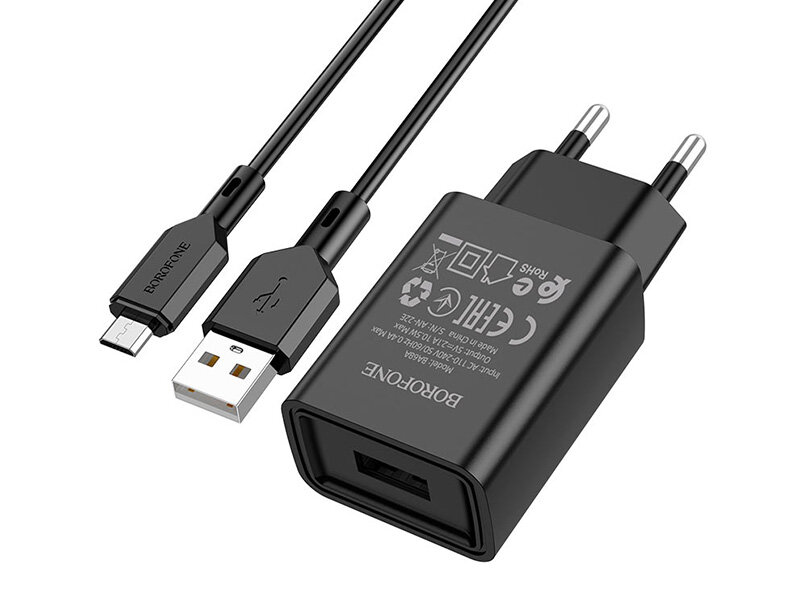 Сетевое зарядное устройство c USB Borofone BA68A+Micro черное 2.1A
