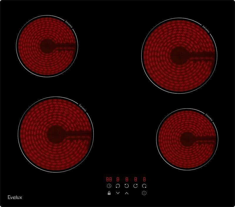 Электрическая варочная панель Evelux HEV 640 B, черная стеклокерамика EuroКera, 4 конфорки с технологией Hi-Light, сенсорное управление, функция блокировки панели, 9 уровней мощности