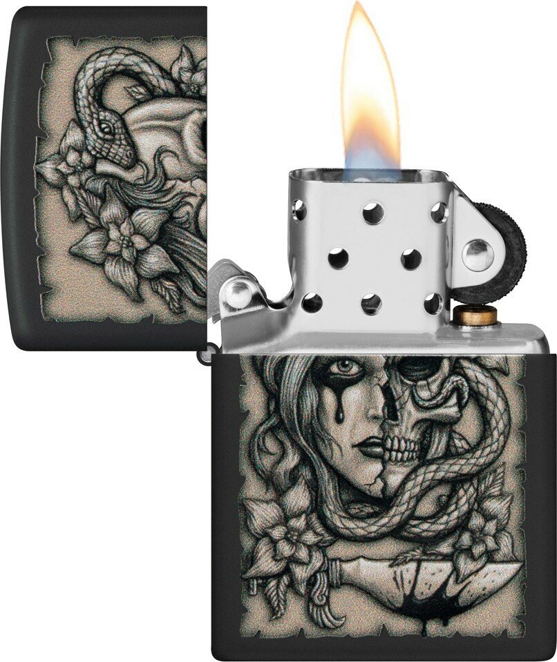 Зажигалка ZIPPO Gory Tattoo с покрытием Black Matte, латунь/сталь, черная, матовая, 38x13x57 мм - фотография № 3