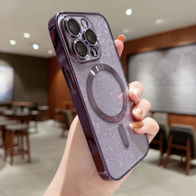 Чехол с блестками поддержка Magsafe и с защитой камеры для iPhone 14 Pro фиолетовый
