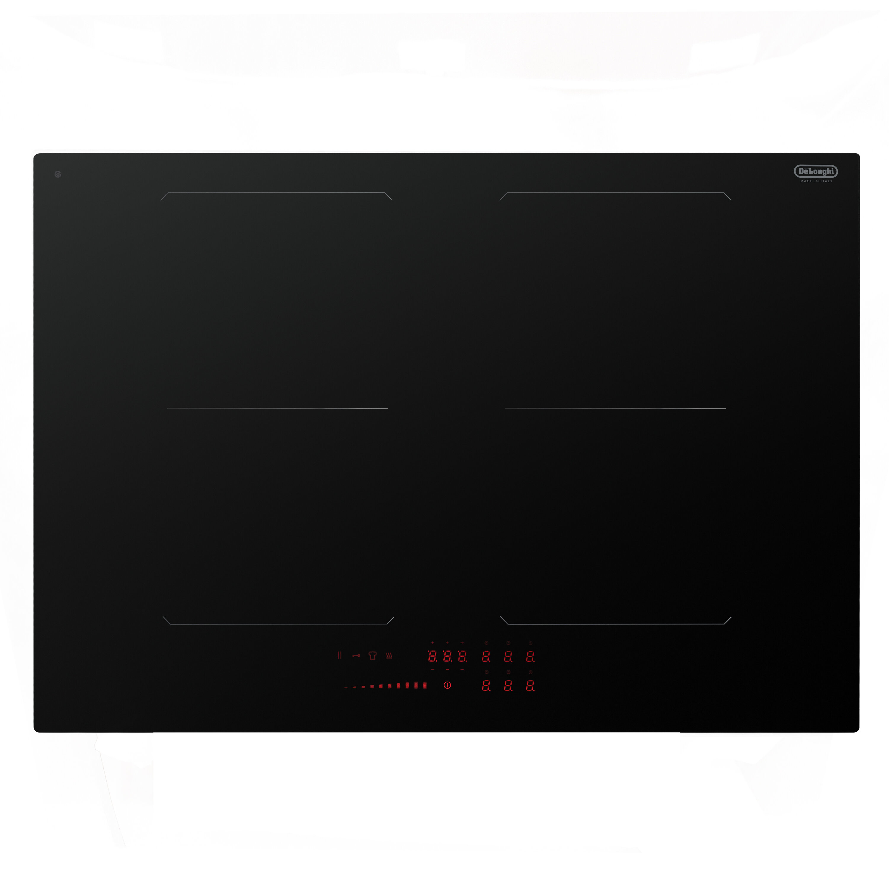 фото Индукционная варочная панель DeLonghi, SLI 754 RUS, 75 см, Варочная панель с четырьмя индукционными конфорками, дисплей с подсветкой, сенсорное управление, индикатор остаточного тепла, Bridge function, сенсорное управление, черная