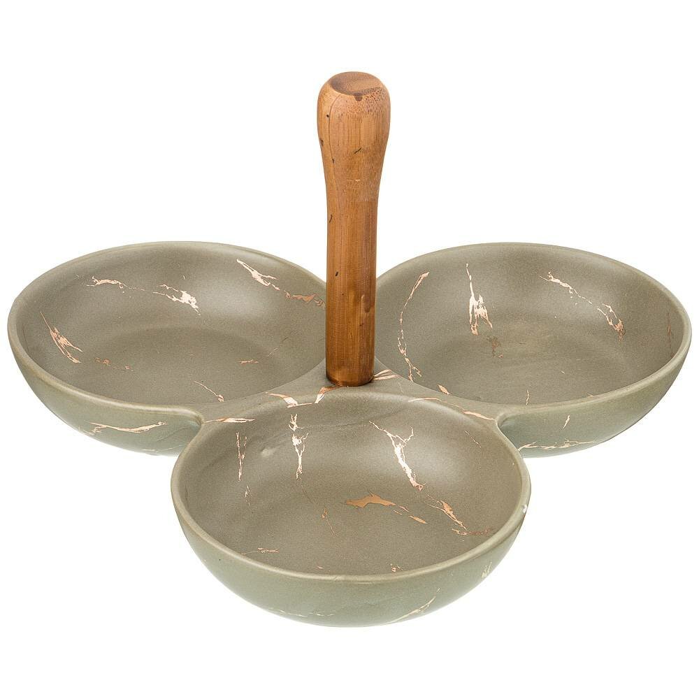 фото Менажница с деревянной ручкой Lefard Золотой мрамор 23.5х23.5х16.5см, gray, фарфор, дерево (412-135)