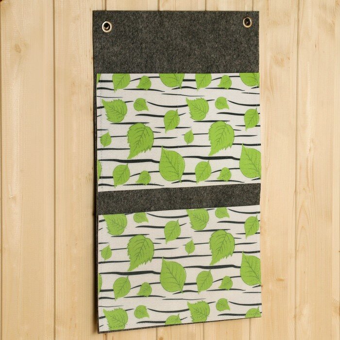 фото Вертикальный настенный подвесной органайзер на люверсах 3 отделения, принт березка, серый, 3