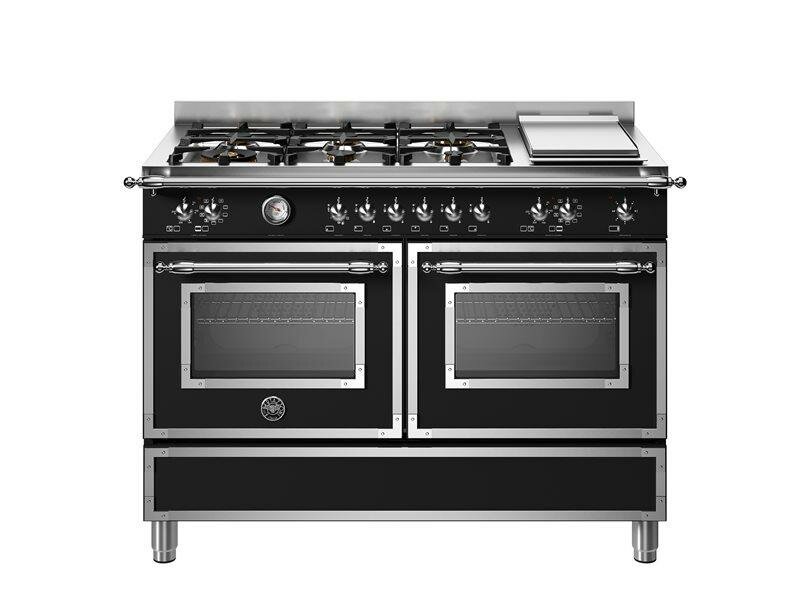 HER126G2ENET Варочный центр Bertazzoni, 6 газовых конфорок, два многофункциональных электрических шкафа, Heritage, 120 см Черный матовый - фотография № 1