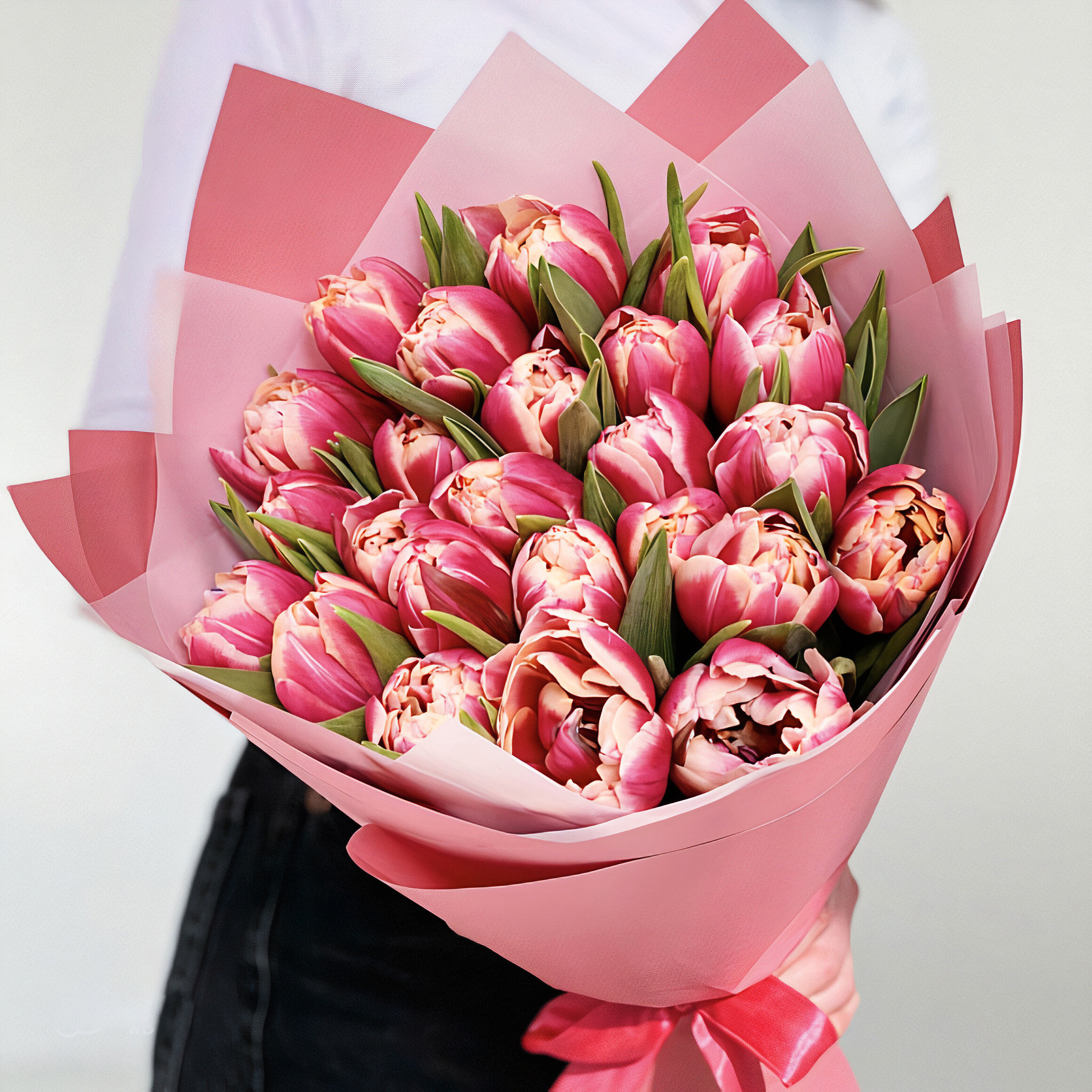 Букет из 25 розовых пионовидных тюльпанов (Размер М)