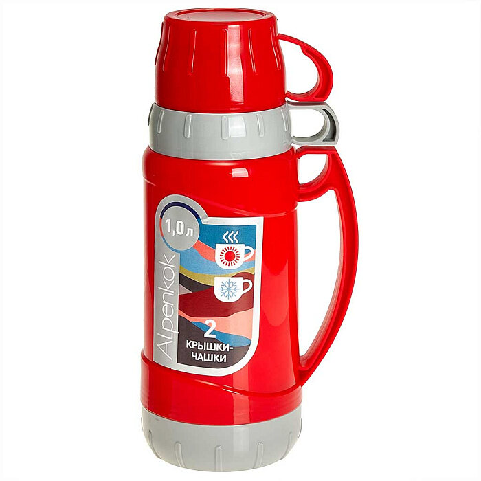 фото Термос со стеклянной колбой AlpenKok AK-10101S, 1 л, 2 чашки-крышки, красный