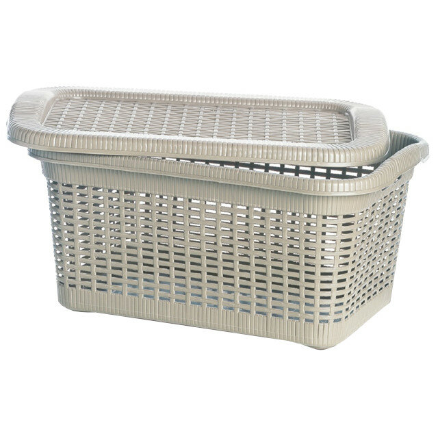 фото Корзина gensini rattan 59x40x29см 40л для бытовых нужд пластик с крышкой бежевый