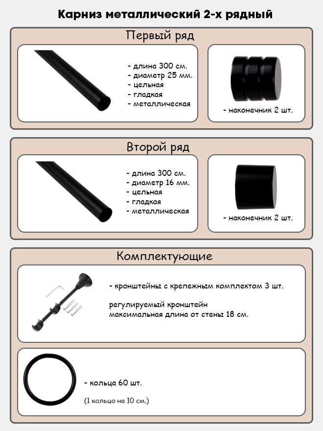 Карниз металлический Астория, 2-рядный, гладкий, D-25/16 мм., цвет Черный матовый, 3 м. - фотография № 2