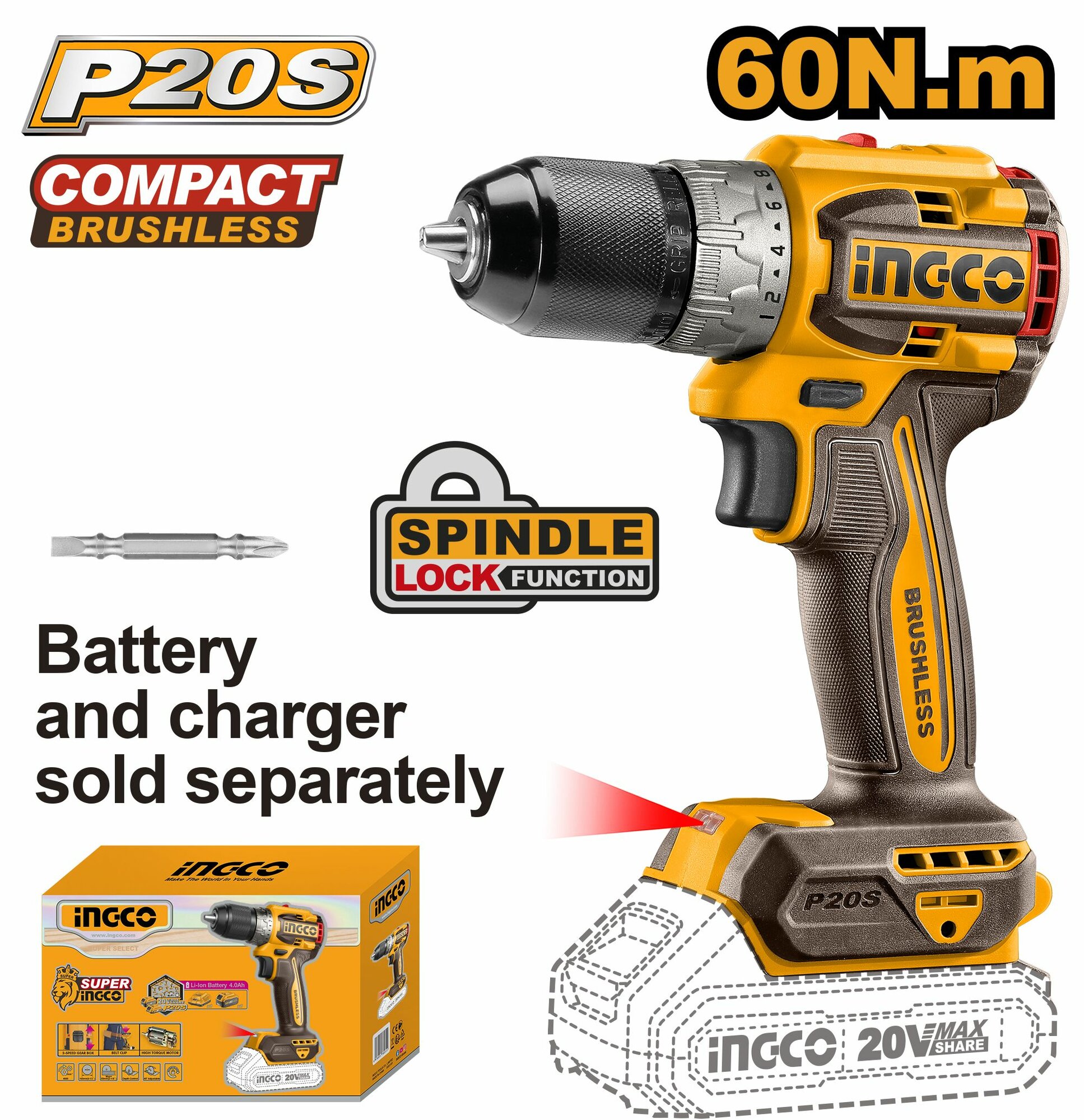 фото Шуруповерт INGCO CDLI206021 бесщеточный Li-Ion 20.0 В, без АКБ и З/У, 60 Нм INDUSTRIAL