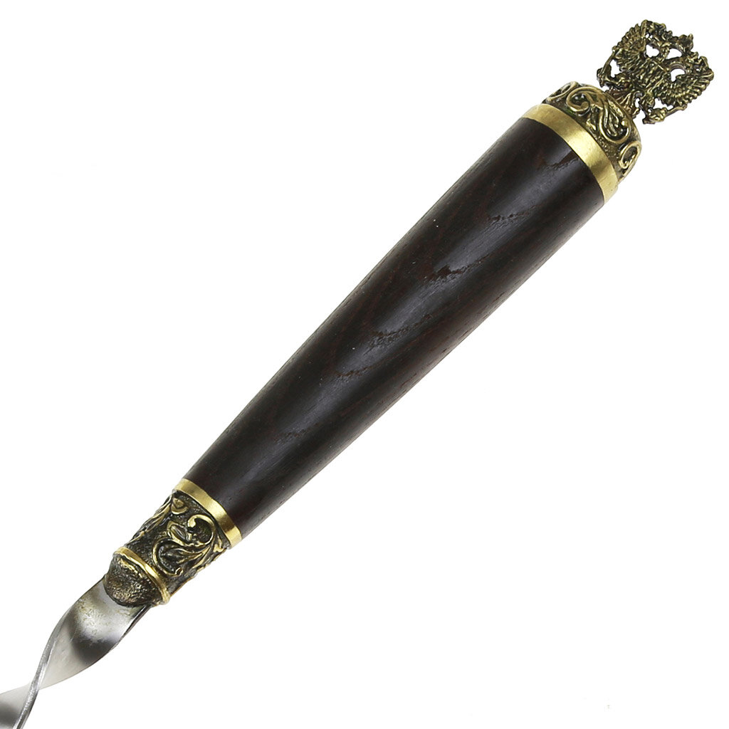 Шампур из нержавеющей элитныйс узором (угловой) "Герб" 630х12х2мм, ручка термоясень средняя, латунный декор (Россия) - фотография № 2