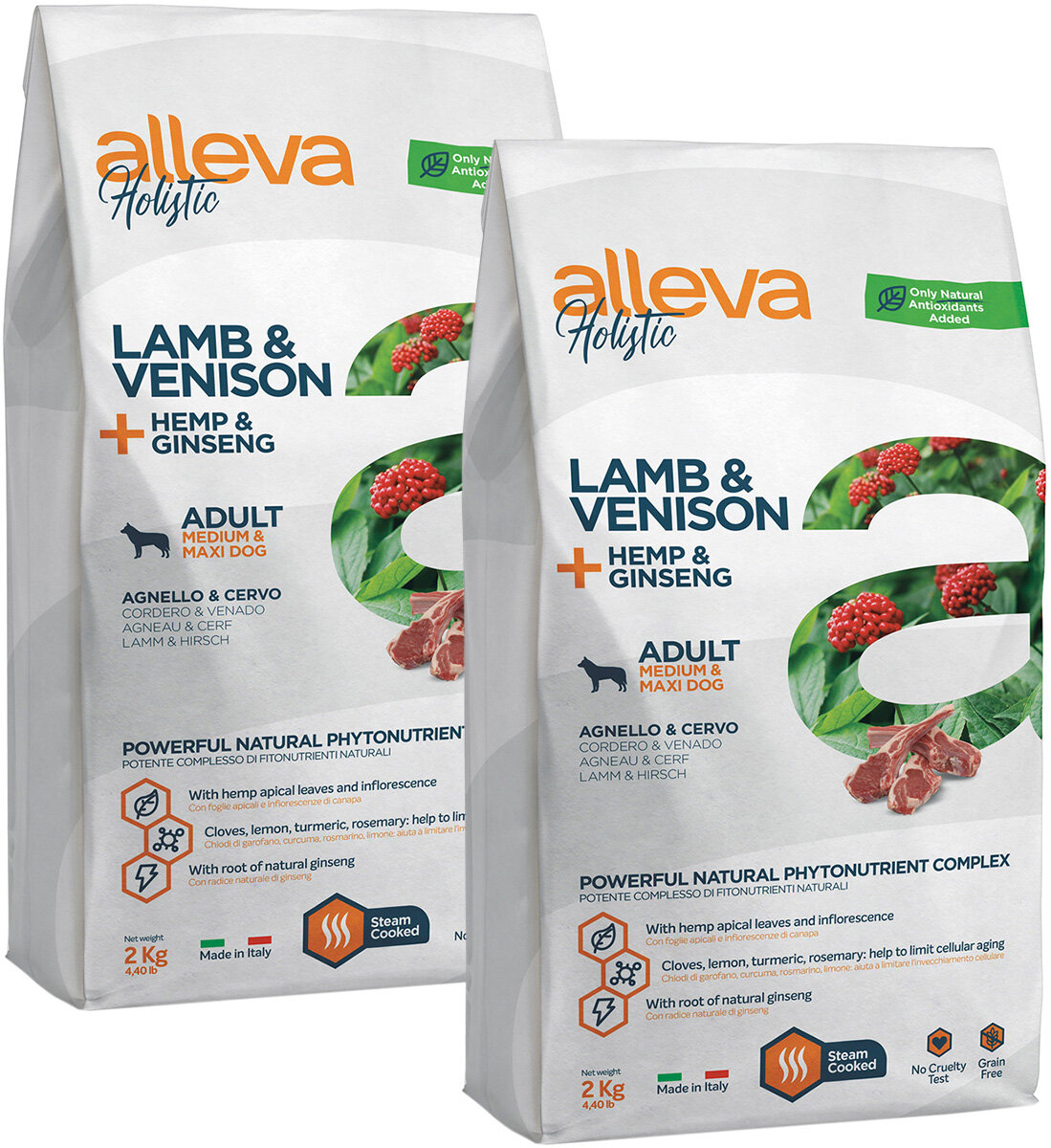 фото ALLEVA HOLISTIC ADULT DOG MEDIUM/MAXI LAMB & VENISON беззерновой для взрослых собак средних/крупных пород ягненок/оленина/конопля/женьшень (2 + 2 кг)