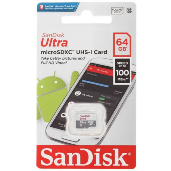 Память MicroSDXC 064GB SanDisk Class10 UHS-1 Ultra Android 100MB/s без ад. (SDSQUNR-064G-GN3MN)