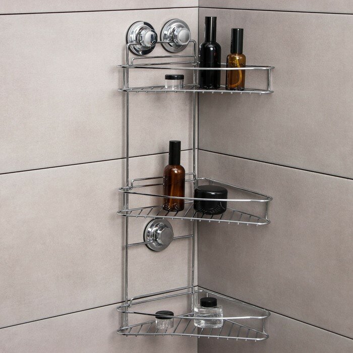 фото Полка угловая 3-х ярусная Accoona, A11473-3, 20×30×57 см, на вакуумных присосках, цвет хром для дома