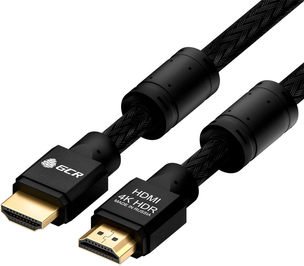 Greenconnect GCR Кабель 12.0m HDMI версия 2.0, HDR 4:2:0, Ultra HD, 4K 60 fps 60Hz/5K*30Hz, 3D, AUDIO, 18.0 Гбит/с, 28/28 AWG, OD7.8mm, тройной экран, черный нейлон, AL корпус черный, фер.кольца, GCR-52195