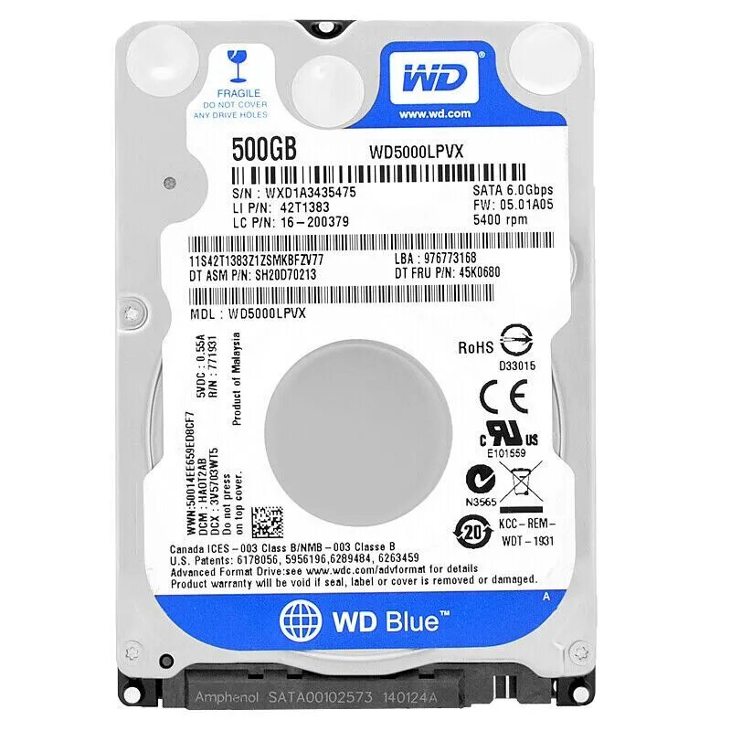 500 ГБ Внутренний жесткий диск Western Digital WD Blue 2,5" (WD5000LPVX)
