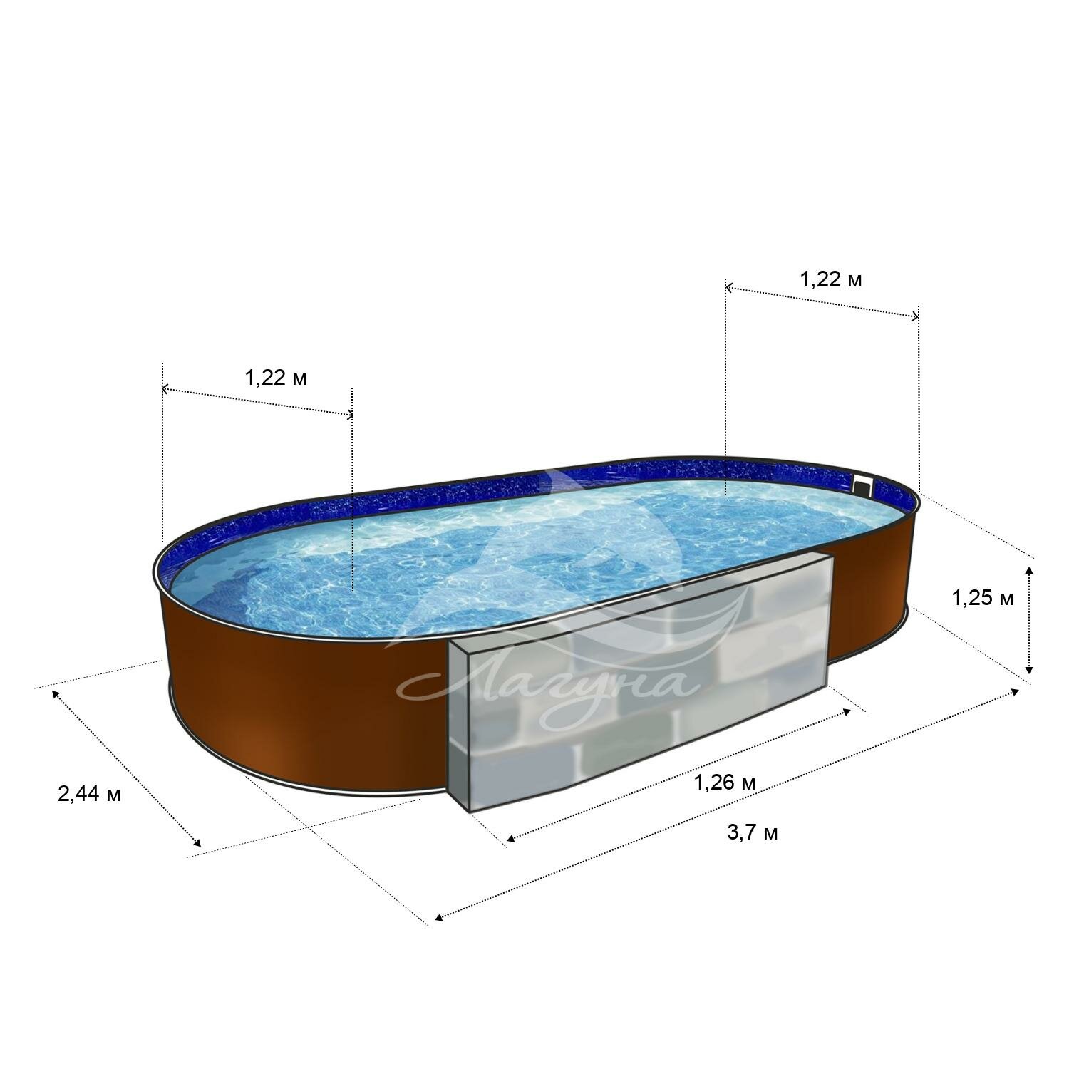 Бассейн лагуна овальный вкапываемый 3,7 х 2,44 х 1,25 м (Однотонный) чаша 0,4 мм