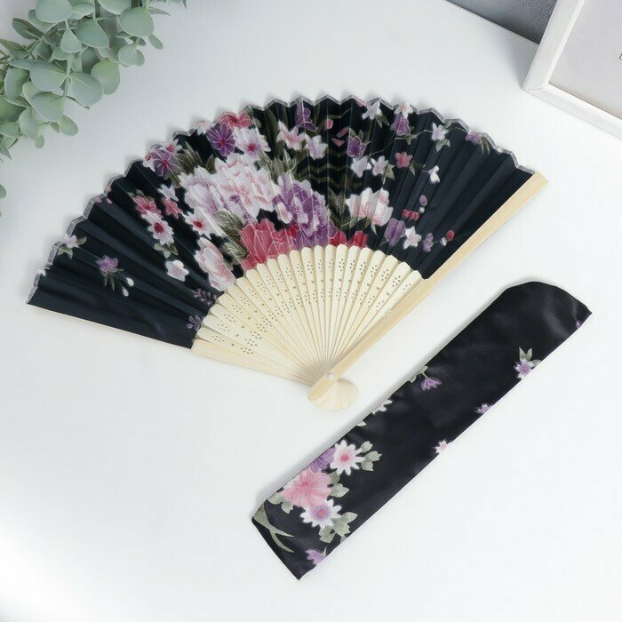 Веер бамбук, текстиль h=21 см "Цветы" с чехлом, чёрный - фотография № 1