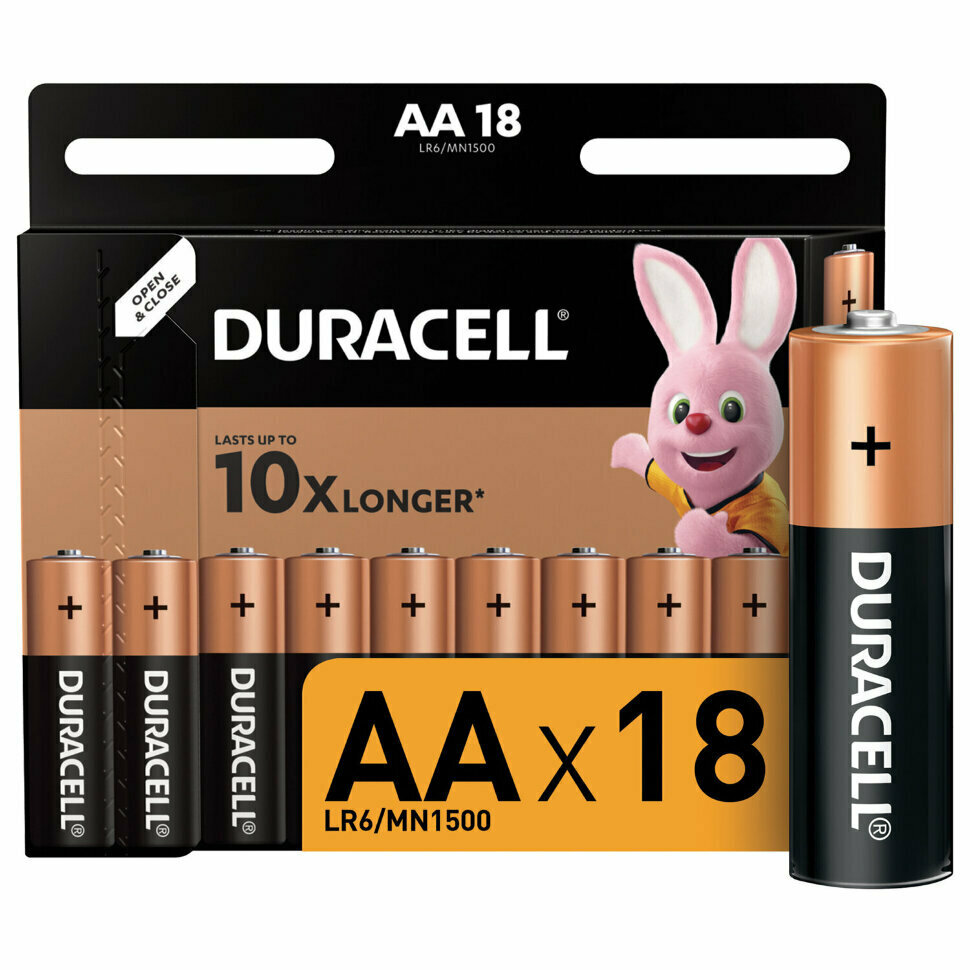 Батарейки комплект 18 шт., DURACELL Basic, AA (LR06, 15А), алкалиновые, пальчиковые, блистер, 451464