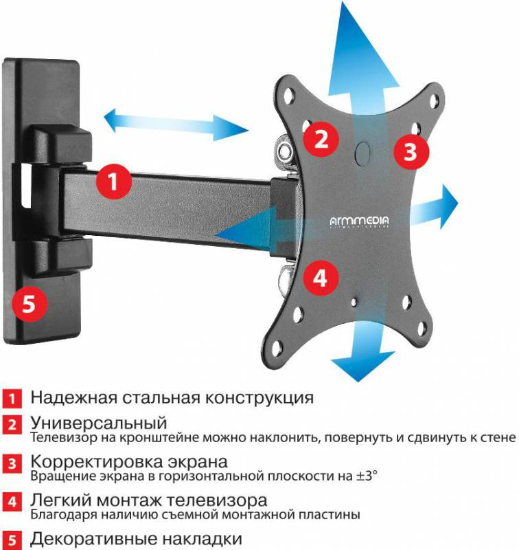 Кронштейн для телевизора Arm Media MARS-01 черный 10"-32" макс.20кг настенный поворот и наклон