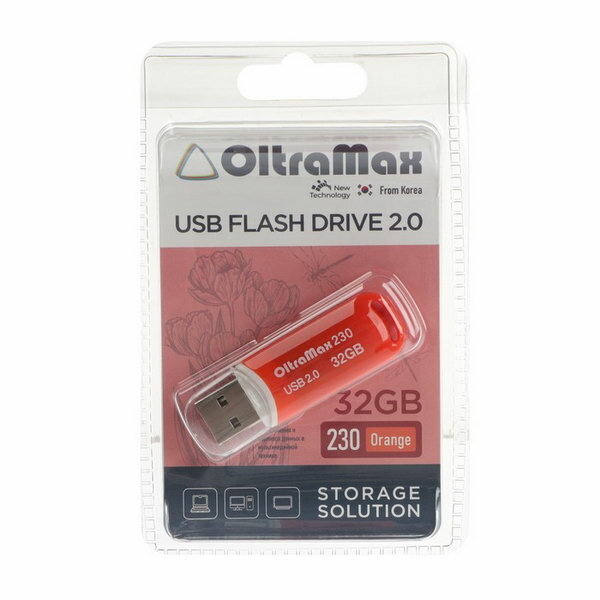 Флешка OltraMax 230, 32 Гб, USB2.0, чт до 15 Мб/с, зап до 8 Мб/с, оранж