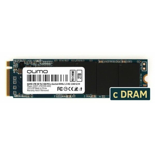 Накопитель SSD 2TB PCIe Gen3x4 NVMe 1.3 M2 2280 QUMO Novation TLC 3D (SM2262 AB) CDM r/w 3333/2743 MB/s, 4K-64 303K/265K IOPS, TBW 700, 2GB DRAM (Q3DT