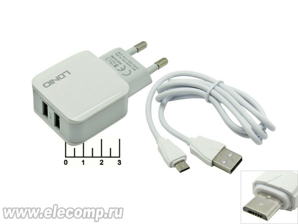 Сетевое зарядное устройство 2USB 5V 2.4A (шнур micro USB) Ldnio A2202