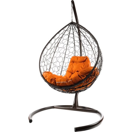 Подвесное кресло кокон M-group капля с ротангом коричневое+оранжевая подушка