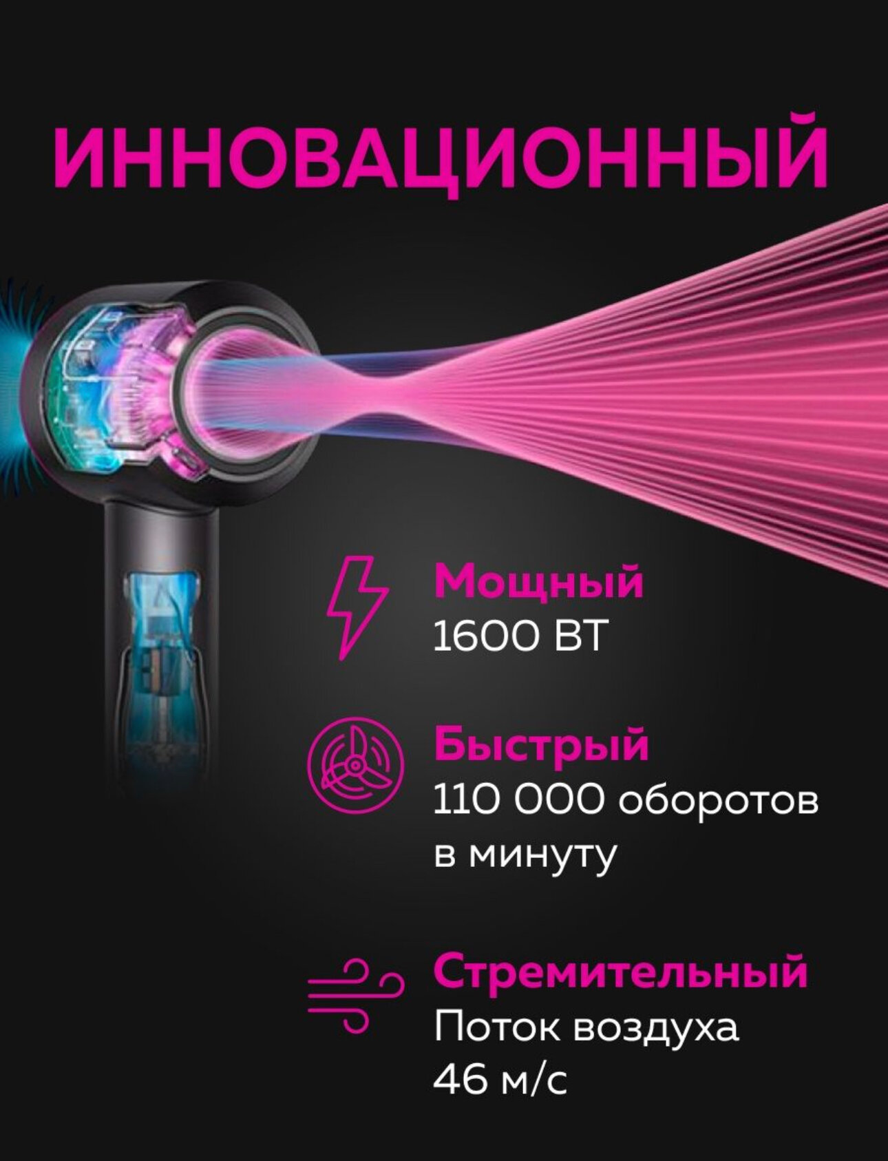 Интеллектуальный фен для волос 1600 Вт, 3 режима, 5 магнитных насадок, ионизация воздуха - фотография № 4