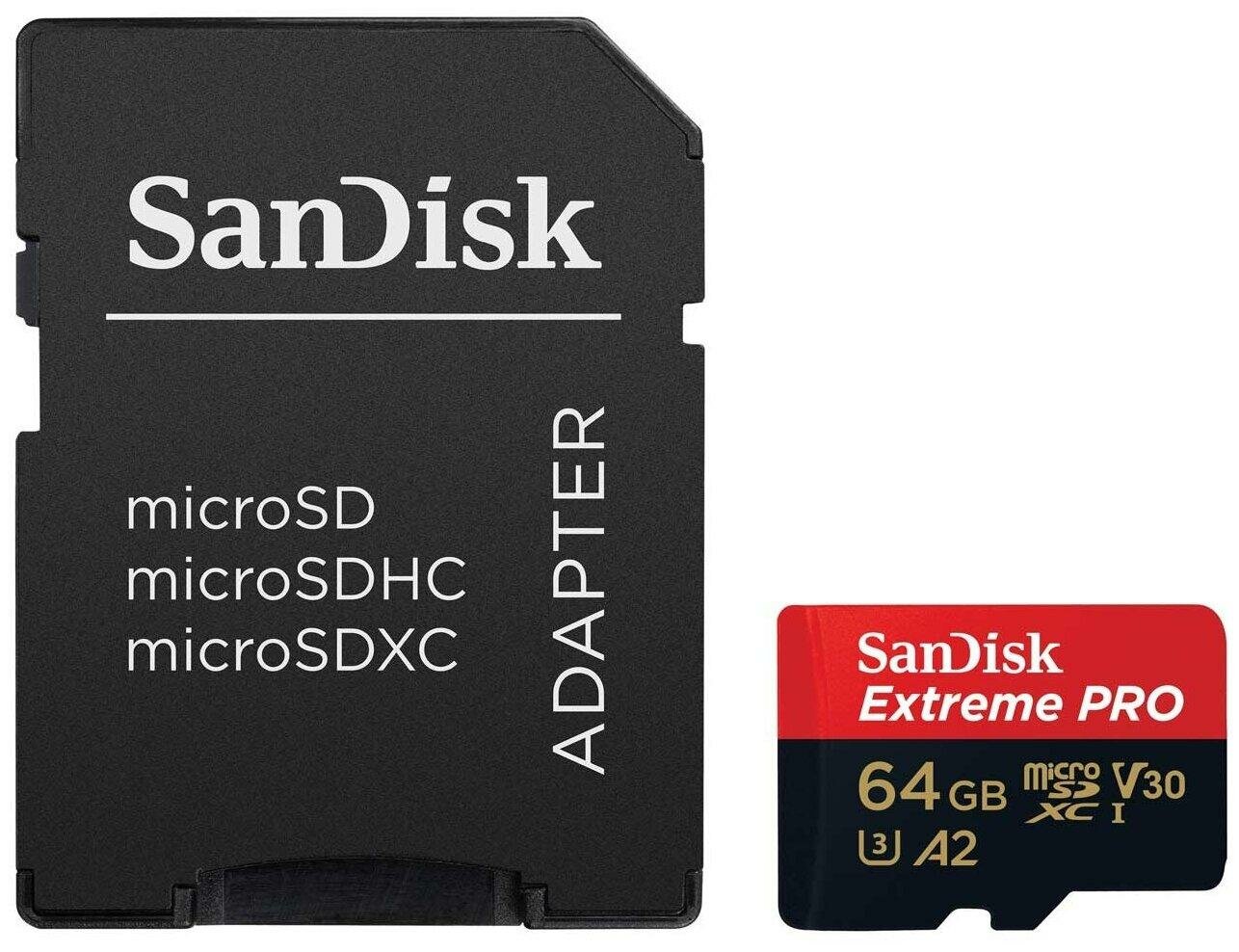 Карта памяти microSDXC SanDisk 64Gb Extreme PRO U3 V30 A2 200/90MB/s SDSQXCU-064G-GN6MA, 1шт.