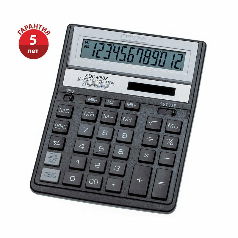 Калькулятор настольный Citizen SDC-888XBK 12 разрядов двойное питание 158*203*31мм черный 158171