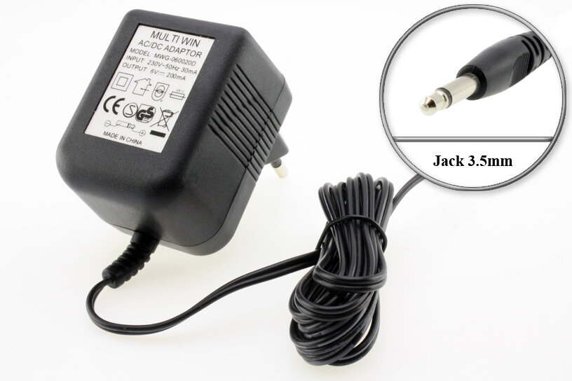 Адаптер (блок) питания 6V, 0.2A, Jack 3.5mm (CA09, MWG-060020D), зарядное устройство для электробритвы, триммера, радиотелефона и других устройств.