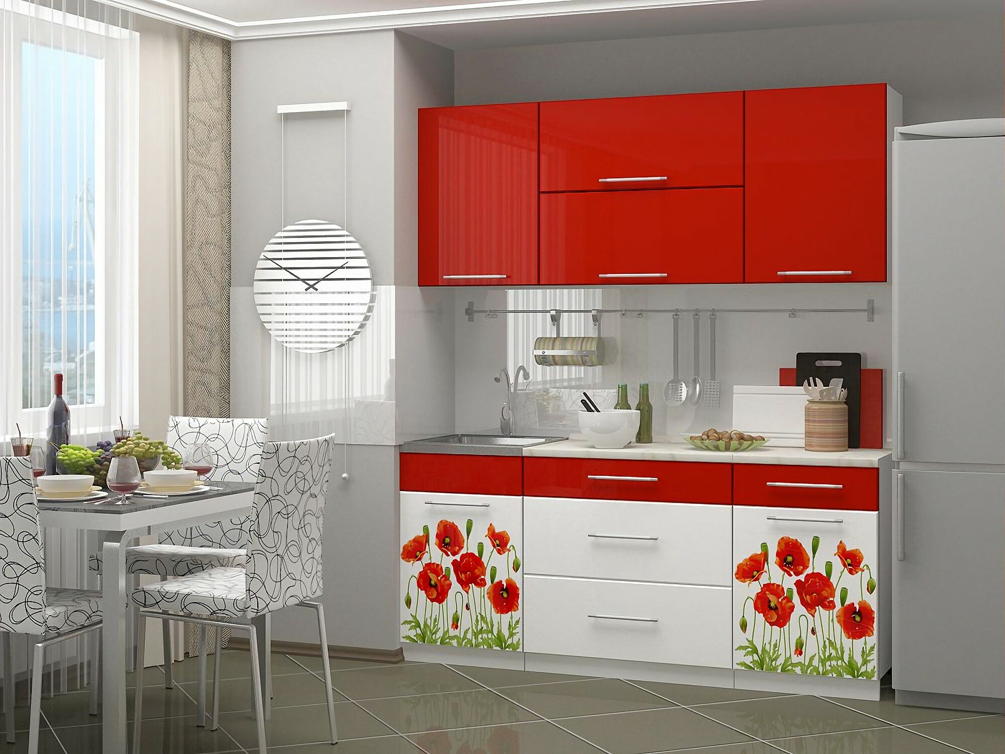 Кухня МДФ 1800 с фотопечатью Маки красные