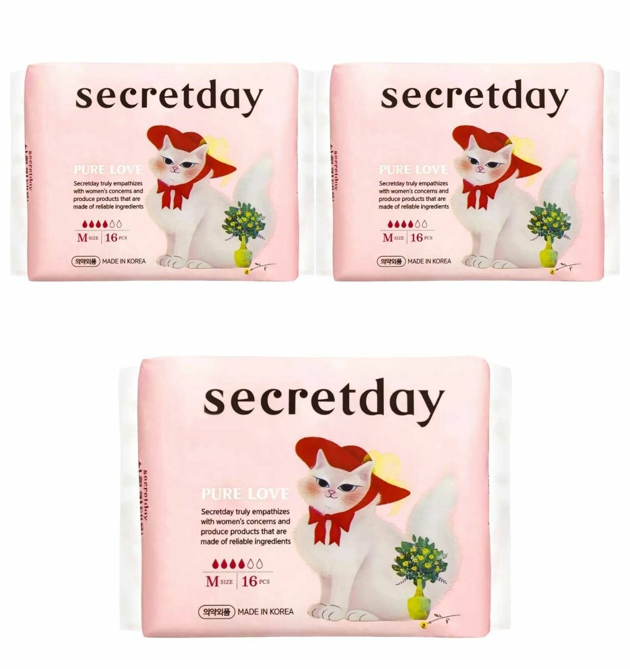 Secret day pure love Ультратонкие дышащие прокладки, M size, 16 шт, 3 упаковки.