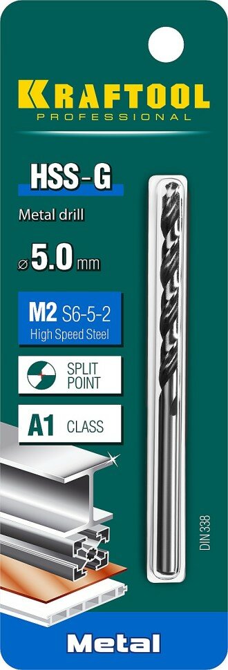 фото KRAFTOOL HSS-G 5.0 х86мм, Сверло по металлу HSS-G, сталь М2(S6-5-2) ( 29651-5 )